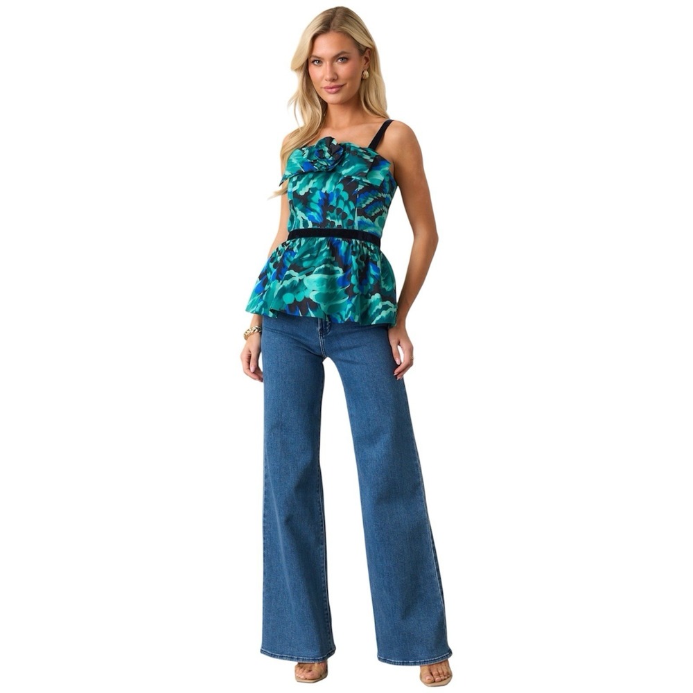 Prosperina Delacroix Bow Top Blue Multi Abstract Print Peplum NWT Size M
